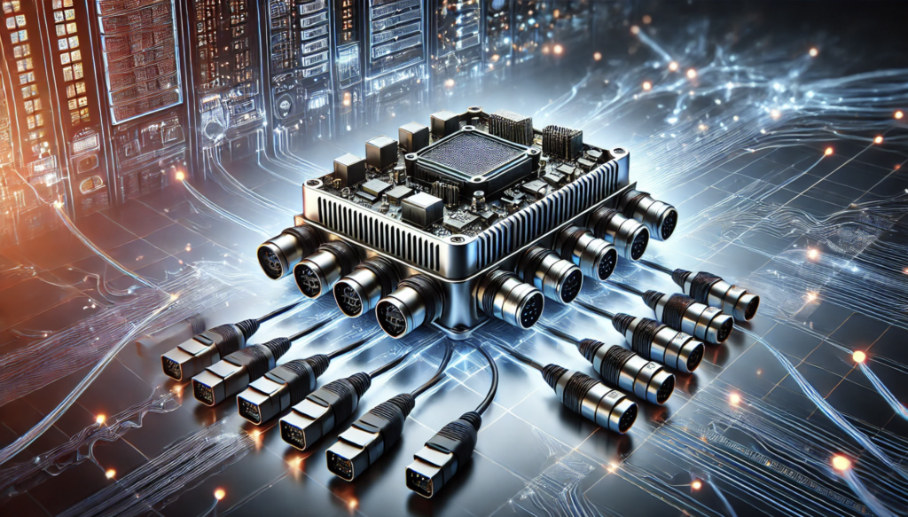 A close-up view of modular connectors enabling seamless integration in an edge computing system with data flow graphics in the background.
