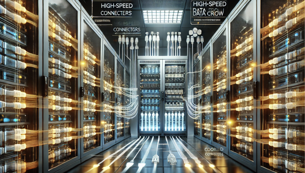 Close-up of high-speed connectors used in a data center, illustrating their role in improving efficiency and supporting advanced technology systems.