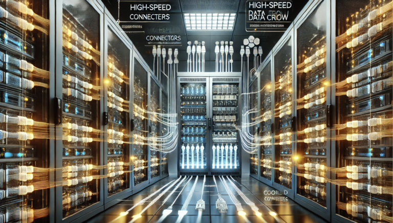 Close-up of high-speed connectors used in a data center, illustrating their role in improving efficiency and supporting advanced technology systems.