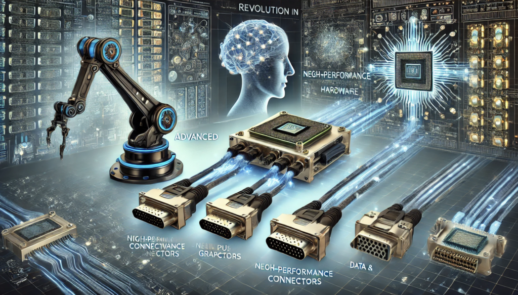Close-up of a high-speed board-to-board connector used in AI hardware applications.
