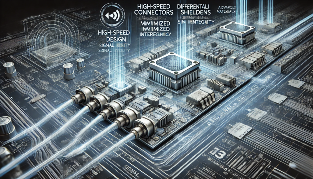 High-speed connectors and circuit board illustration showcasing signal integrity features like shielding, advanced materials, and optimized design for high-frequency applications.