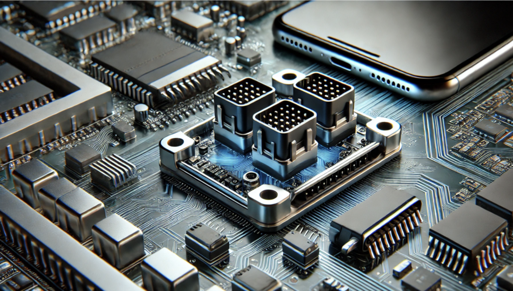 Close-up of a high-density board-to-board connector illustrating compact design and high pin density for modern electronics applications.