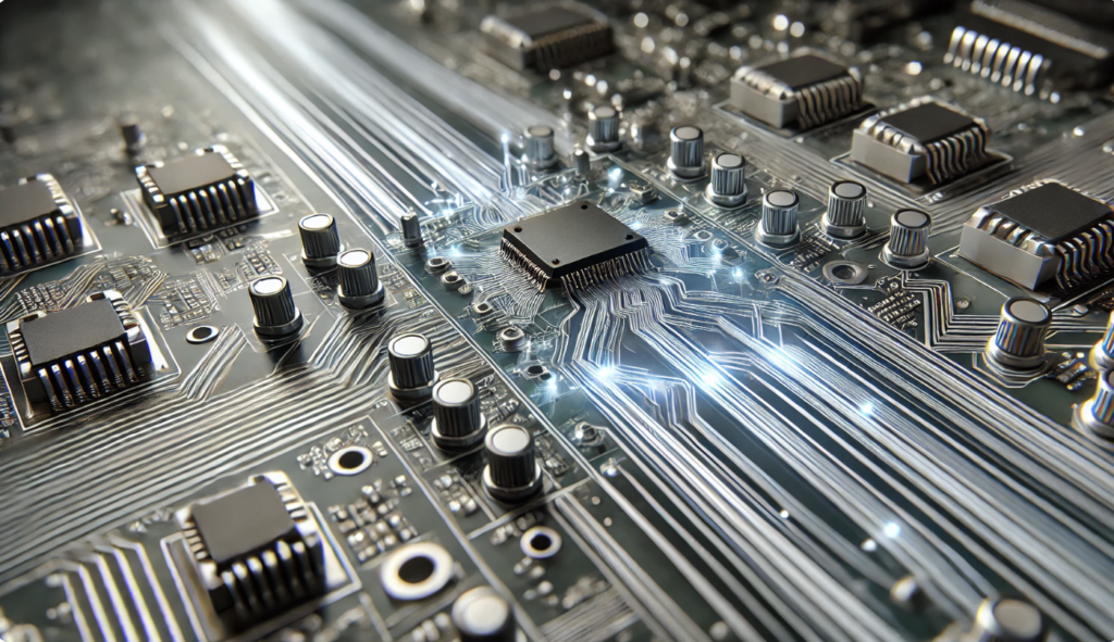 PCB design with optimized high-speed board-to-board connections showcasing precise routing and component placement for improved performance.