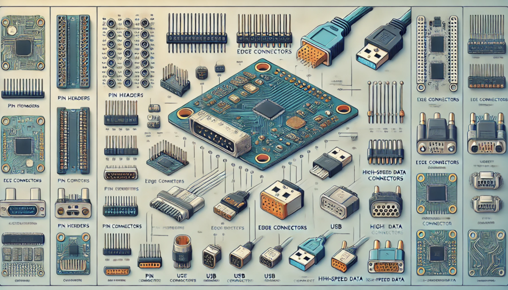 A detailed close-up of PCB connectors including board-to-board, wire-to-wire, and cable-to-board connectors, used in various electronic applications.