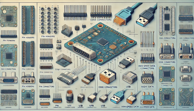 A detailed close-up of PCB connectors including board-to-board, wire-to-wire, and cable-to-board connectors, used in various electronic applications.