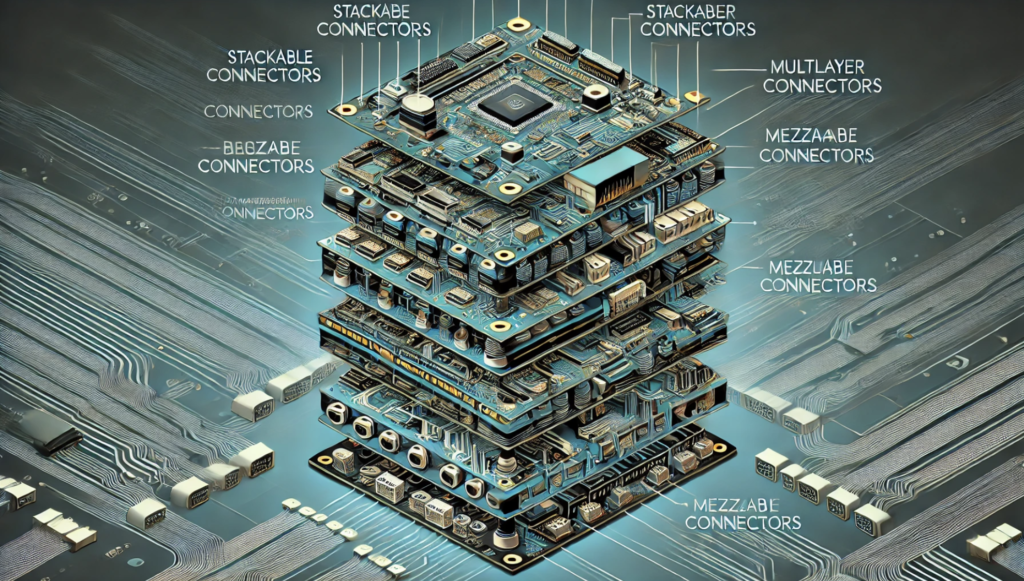 Types of stackable connectors for multilayer PCB designs – vertical, horizontal, and mezzanine connectors for high-density applications.