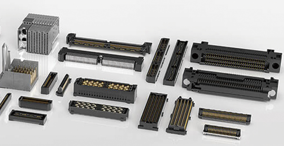 Electronic connectors types and applications diagram showing board-to-board, RF, and high-speed connections