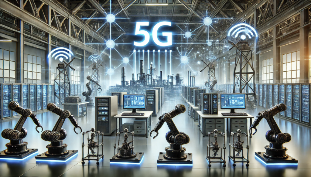 High-speed industrial connectors enabling 5G connectivity in a smart factory with automated robots and IoT devices in action.