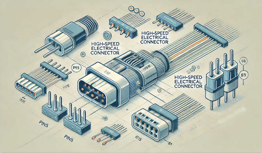 Close-up view of various types of connectors including USB, HDMI, and optical connectors used in electronics and telecommunications.
