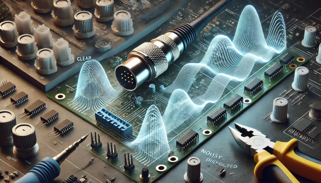 Signal integrity testing of high-speed connectors showing waveform analysis and performance measurements