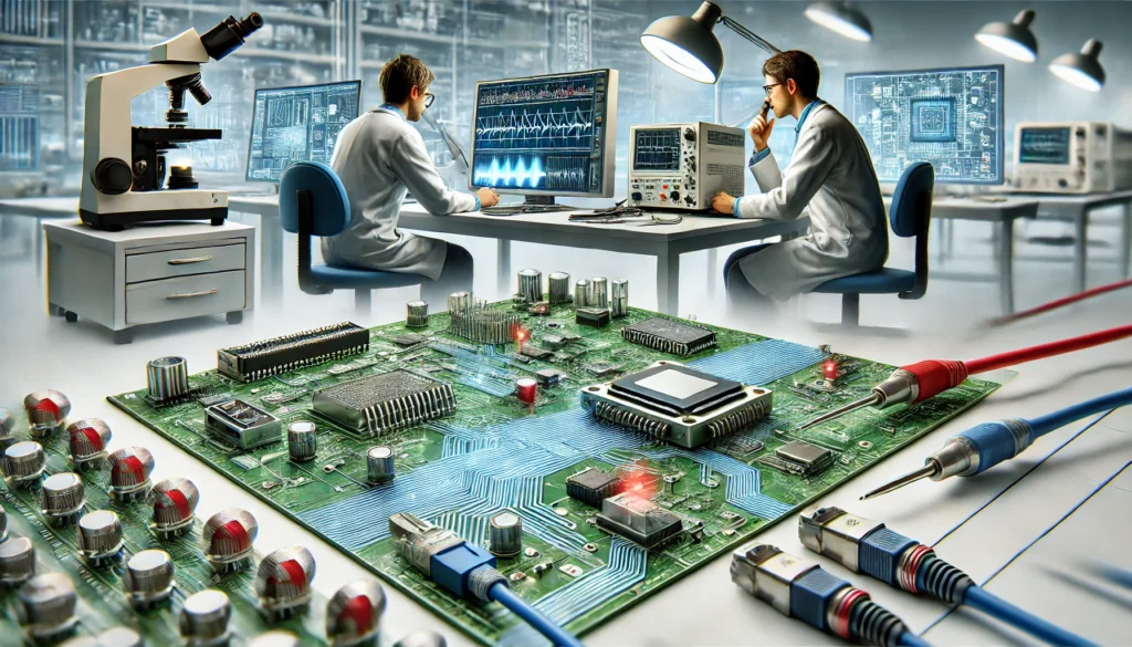 High-speed board-to-board connector testing setup with AOI system and measurement equipment