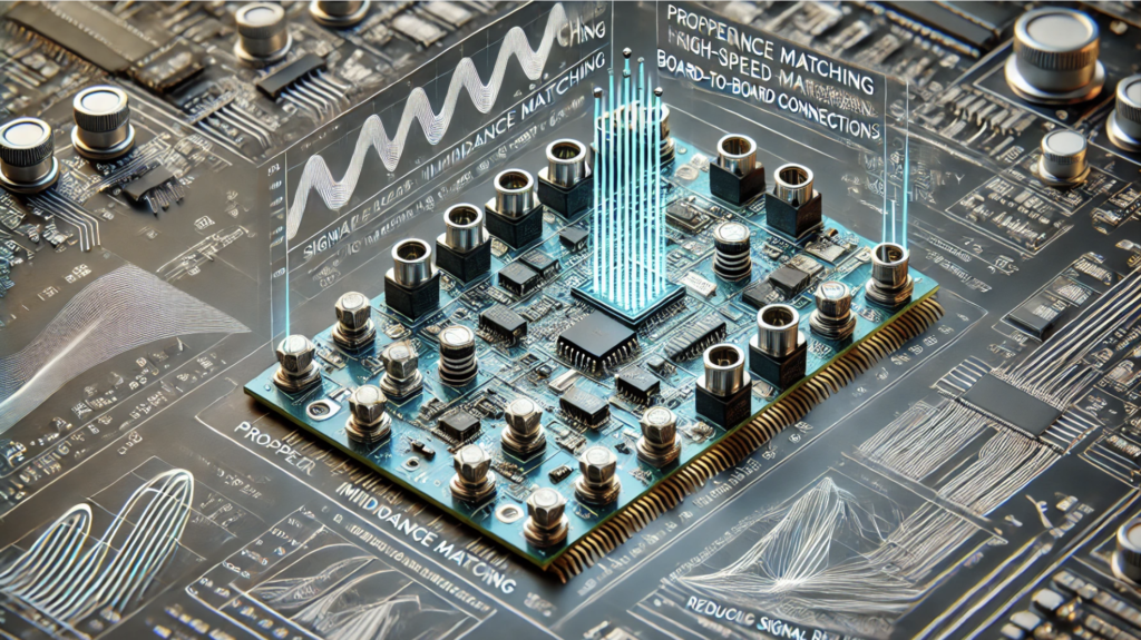 High-speed board-to-board connector with impedance-matched transmission lines showing signal integrity optimization