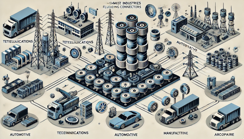 Flexible stacking connector applications across multiple industries showing automotive, medical, and industrial implementations