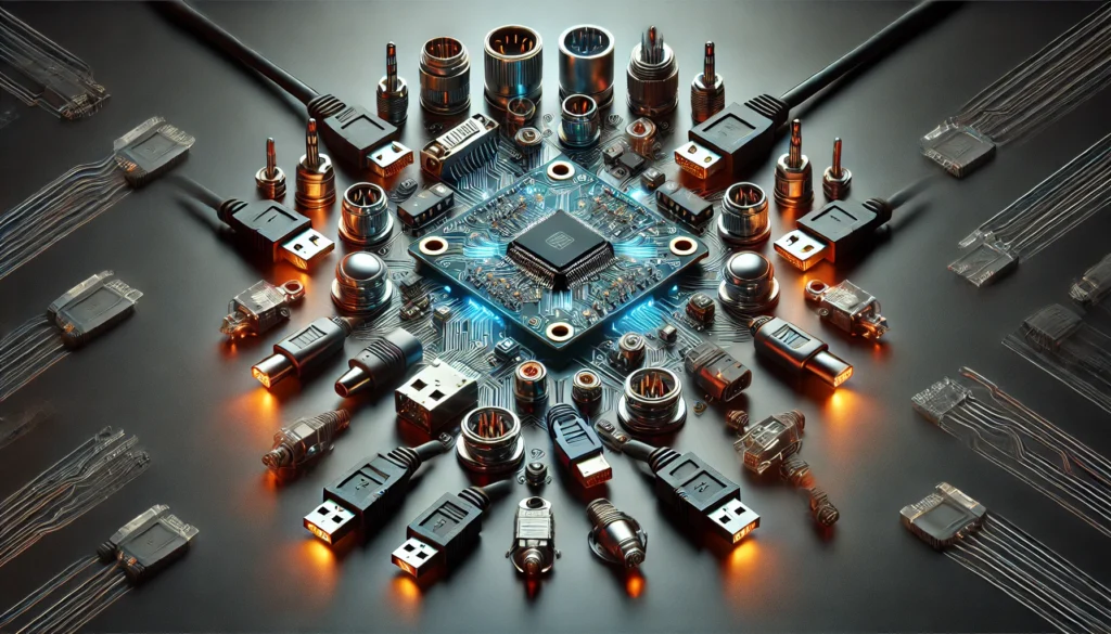 Various types of electronic connectors including board-to-board, high-speed, and power connectors displayed on professional testing equipment