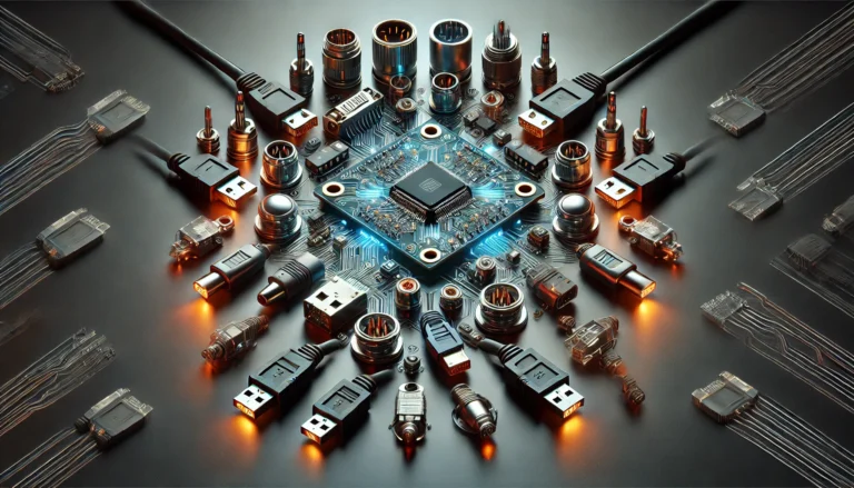 Various types of electronic connectors including board-to-board, high-speed, and power connectors displayed on professional testing equipment