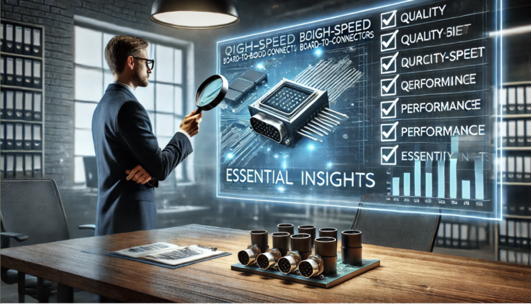 A purchasing manager examines a high-speed board-to-board connector with a magnifying glass, analyzing key quality metrics displayed on a futuristic digital screen.