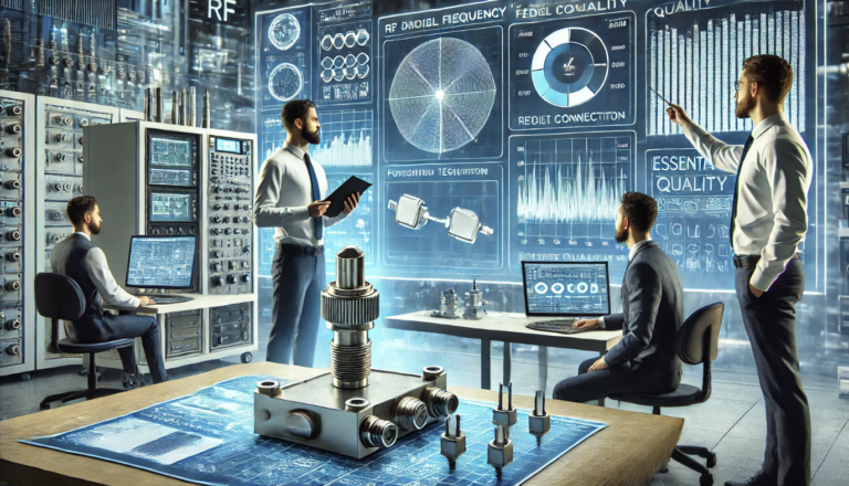 Engineers analyzing RF connectors and digital frequency performance in a high-tech laboratory with advanced data visualization.