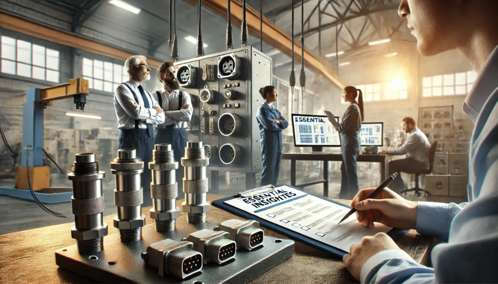 Close-up of rugged power connectors in an industrial setting with engineers analyzing data on connector performance and reliability.