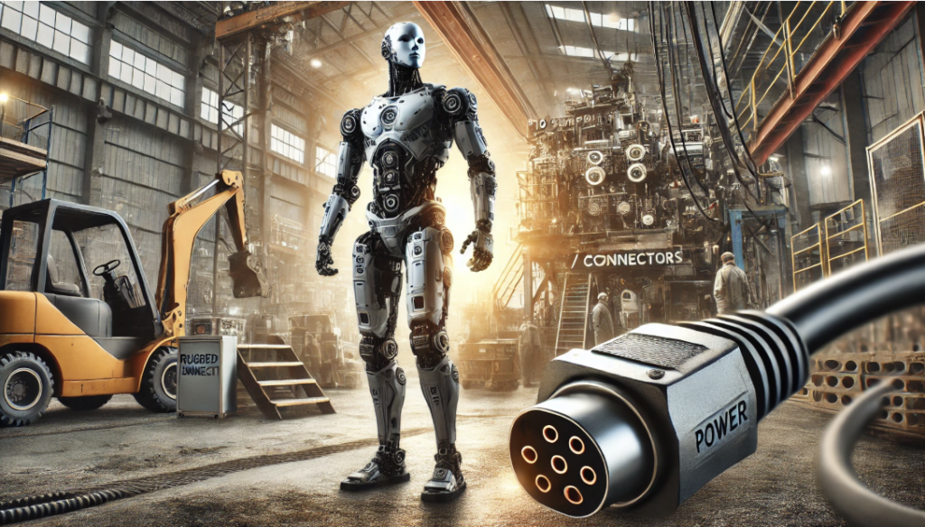 Heavy-duty rugged power connectors for AI robotics in industrial environments, ensuring reliable operation and preventing downtime.