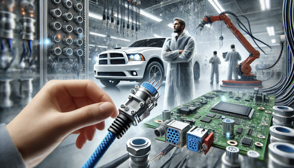Close-up of a high-speed cable connector for automotive applications featuring durable design and compliance with industry standards.