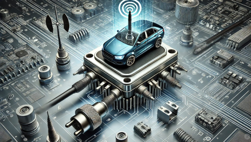 Close-up of a high-frequency RF connector used in automotive applications, showcasing precision engineering and robust design for optimal performance.