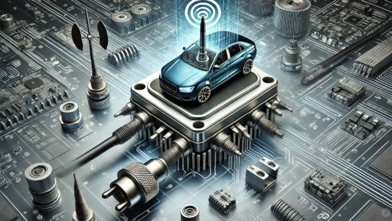 Close-up of a high-frequency RF connector used in automotive applications, showcasing precision engineering and robust design for optimal performance.