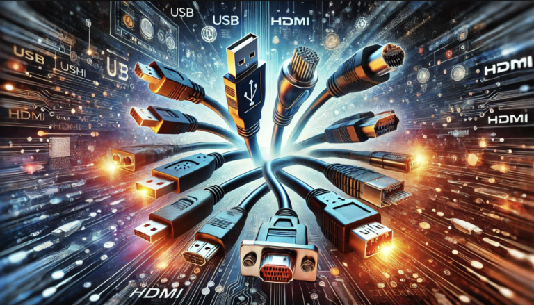 Top electronic connectors including USB, HDMI, and RJ45 for data and power transfer.