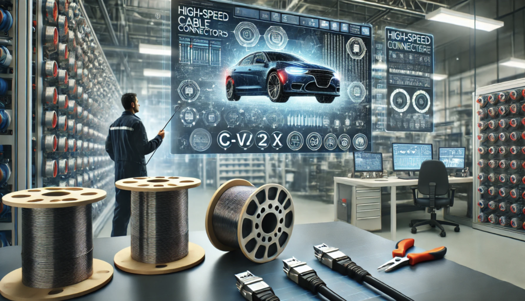 High-speed cable connectors for C-V2X applications displayed in a high-tech automotive lab, showcasing cables, connectors, and digital interfaces