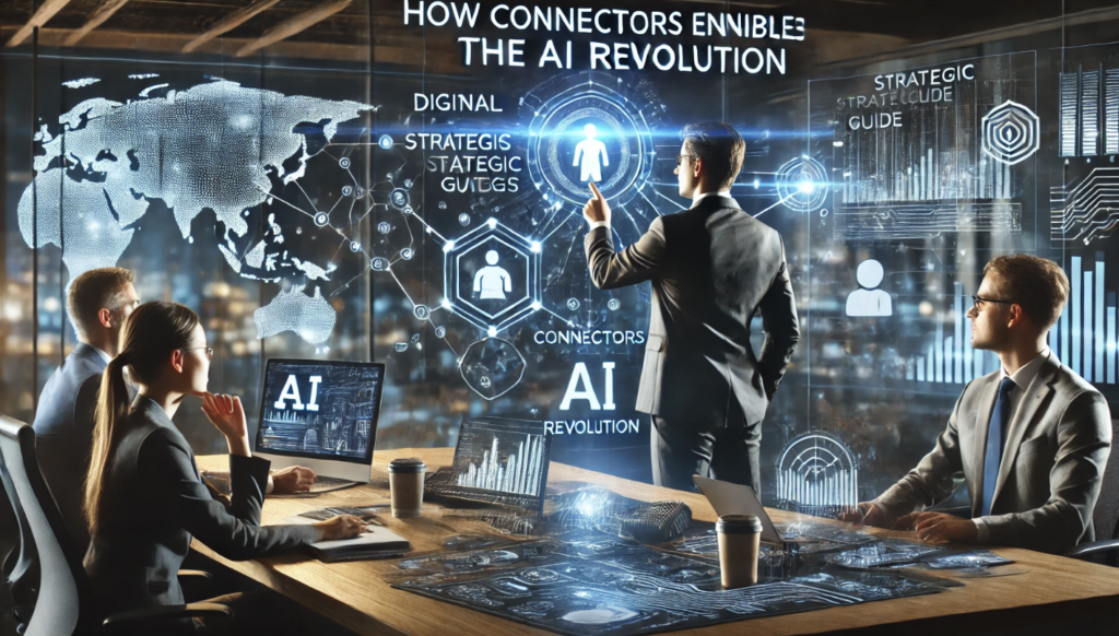 A modern business team discussing AI technologies with futuristic connectors and data visualizations on screen in a digital workspace.