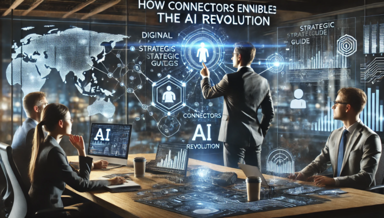 A modern business team discussing AI technologies with futuristic connectors and data visualizations on screen in a digital workspace.