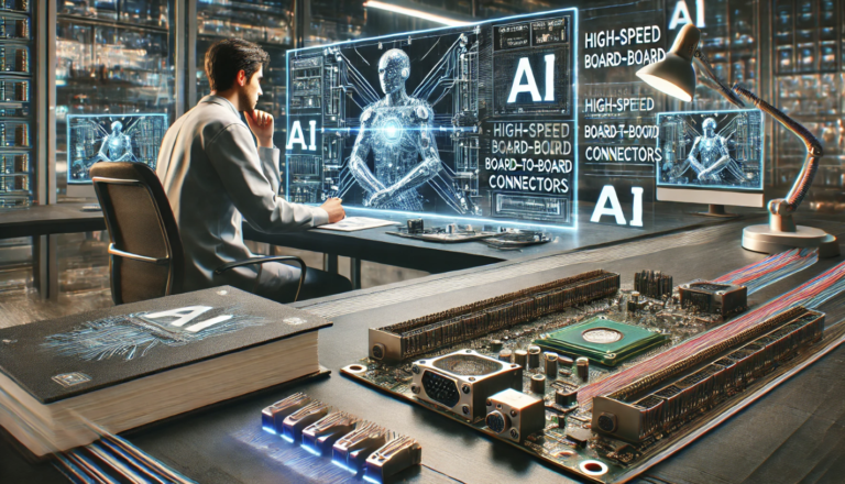AI scientist analyzing high-speed board-to-board connectors for AI systems, with a futuristic interface showing data and connectors on the screen