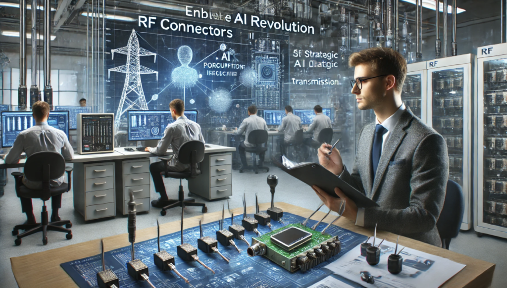 RF connectors enabling the AI revolution with professionals working on AI data transmission and circuit design in a tech lab