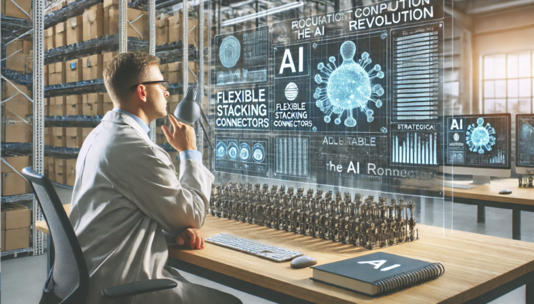 A professional examining AI technologies with a focus on flexible stacking connectors, displayed as holographic graphics in a modern office with industrial shelves in the background