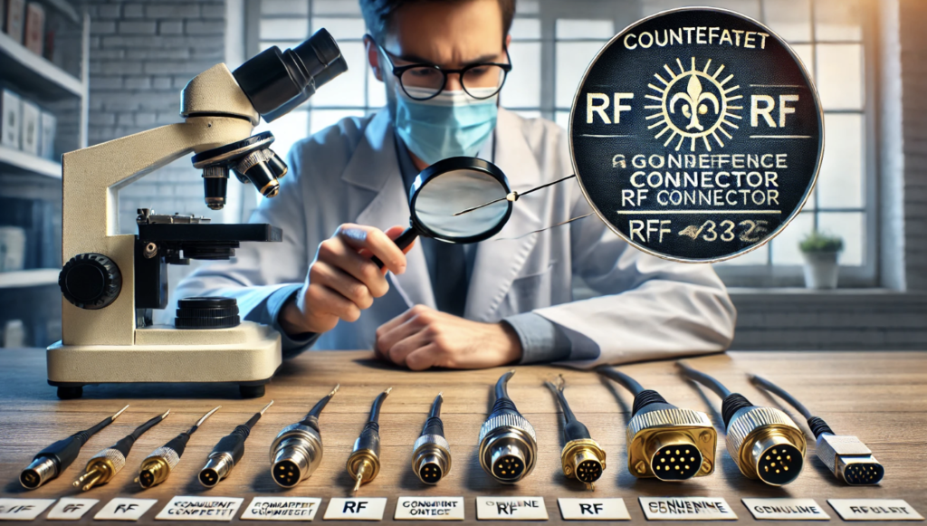 RF connectors being inspected under a microscope with a magnifying glass, highlighting counterfeit and genuine connectors