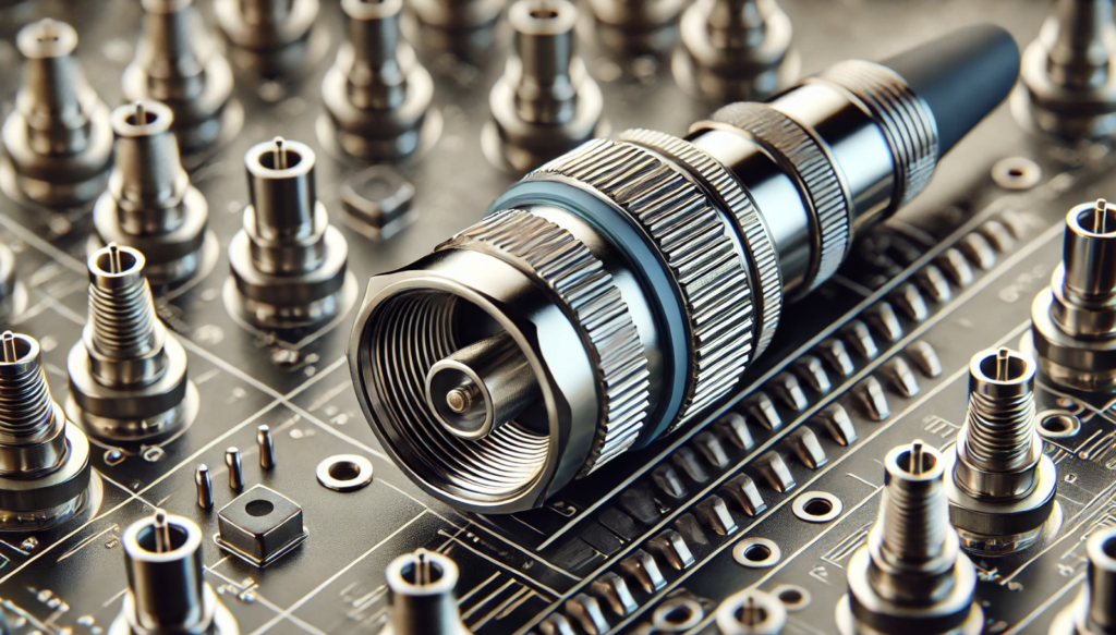 Close-up of high-quality RF connectors placed on a circuit board, highlighting the detailed design and precision engineering