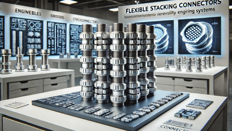 Close-up view of flexible stacking connectors displayed in an industrial setting, showcasing the versatility and precision engineering of stacking systems