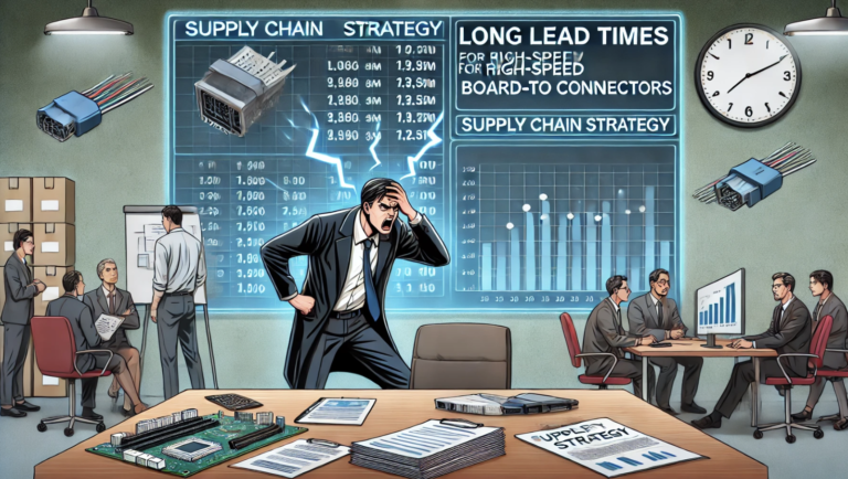 Business professionals discussing supply chain delays and high-speed board-to-board connector shortages, with a stressed manager reacting to long lead times
