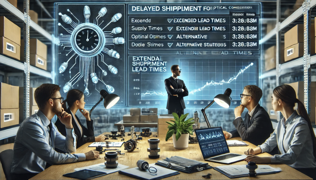 Business professionals analyzing optical connector lead times in a futuristic warehouse setting, with a digital dashboard displaying supply chain delays