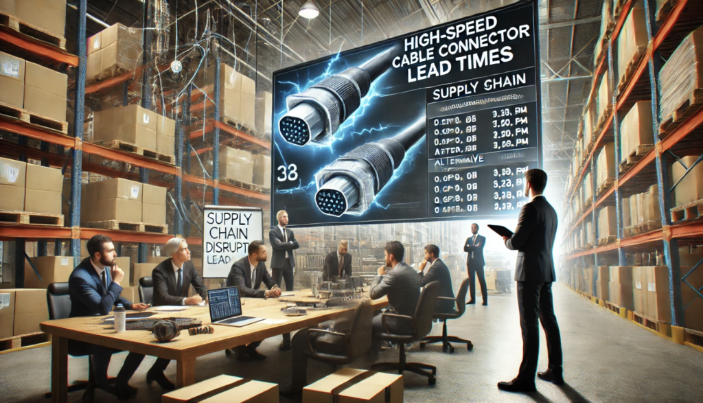 Business meeting in a warehouse discussing high-speed cable connector lead times, with a digital display showing supply chain data