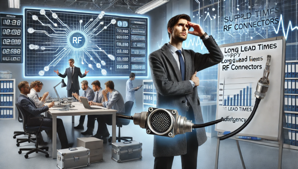Engineer in a business suit looking concerned about RF connector lead times, with a futuristic digital supply chain board and a team discussing solutions in a high-tech office