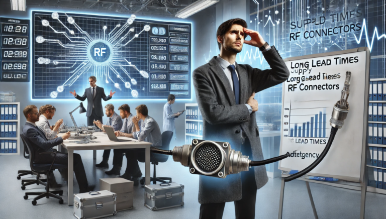 Engineer in a business suit looking concerned about RF connector lead times, with a futuristic digital supply chain board and a team discussing solutions in a high-tech office