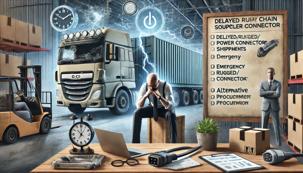 Frustrated businessman sitting in a warehouse with delayed shipments of rugged power connectors, featuring a checklist of supply chain challenges, a truck, and logistics equipment