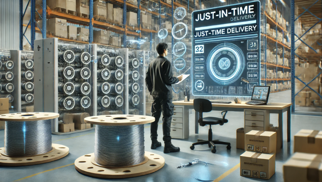 Warehouse worker monitoring high-speed cable connector inventory with a futuristic Just-in-Time (JIT) supply chain management system.