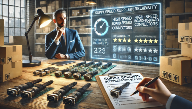 Engineer reviewing high-speed board-to-board connectors with data analytics and reliability metrics displayed on a holographic screen.