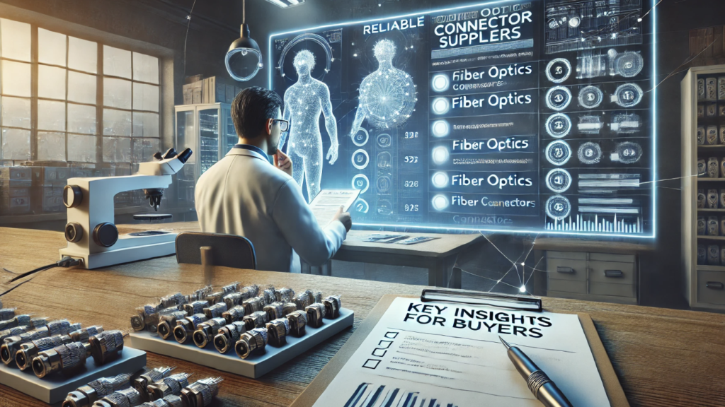 Scientist analyzing fiber optic connectors and reliable supplier data in a high-tech workspace