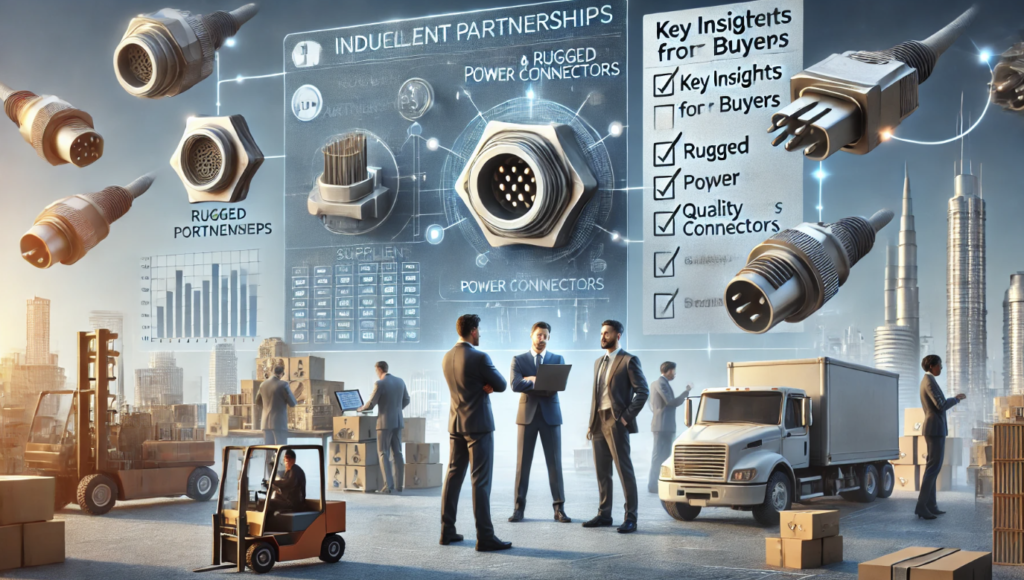 Business professionals discussing rugged and power connectors procurement, with industrial connectors, logistics, and sourcing insights displayed in the background.