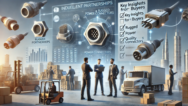 Business professionals discussing rugged and power connectors procurement, with industrial connectors, logistics, and sourcing insights displayed in the background.