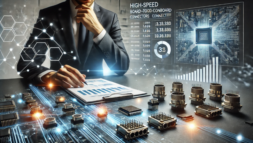 High-speed board-to-board connectors displayed on a circuit board with a businessman analyzing data, representing the future of electronic component sourcing.