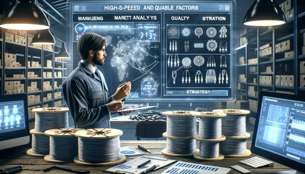 Engineer analyzing high-speed cable connectors market trends with digital data and spools of wire in a warehouse.