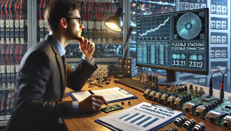 Engineer analyzing flexible stacking connector market trends on a computer screen, surrounded by electronic components and circuit boards.
